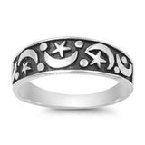 Sterling Silver Fancy Carved BeadAnd MoonAnd and Star Design Ring with Face Height of 7MM