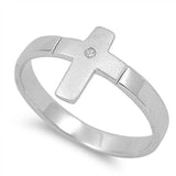Sterling Silver Satin Finish Rhodium Plated Cross Shaped Plain Rings With Clear CZ stoneAnd Face Height 13mmAnd Band Width 3mm