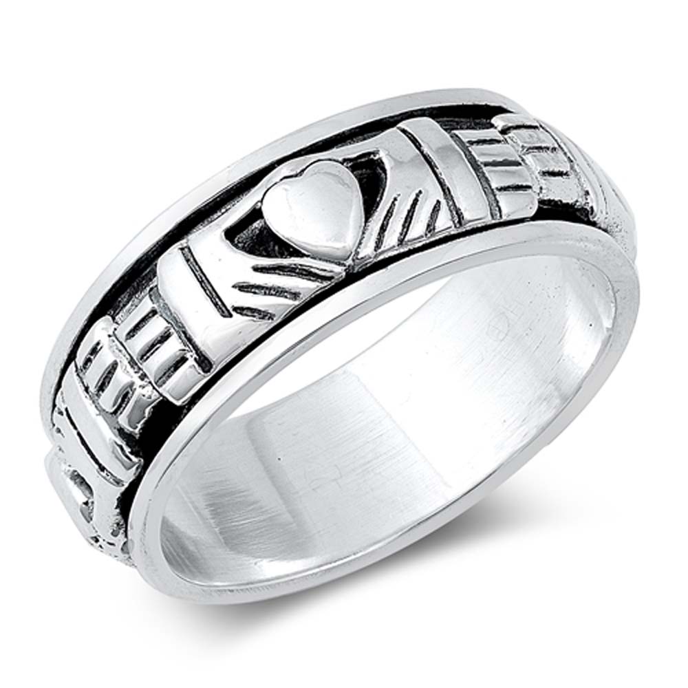 Sterling Silver Oxidized Spinner Claddagh Shaped Plain RingsAnd Band Width 9mm