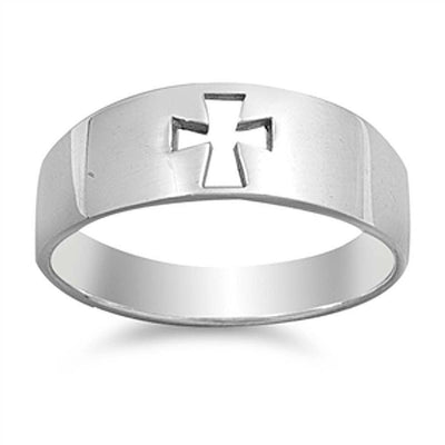 Sterling Silver PlainT Thick Band with Open Cut Cross RingAnd Face Height of 7MM