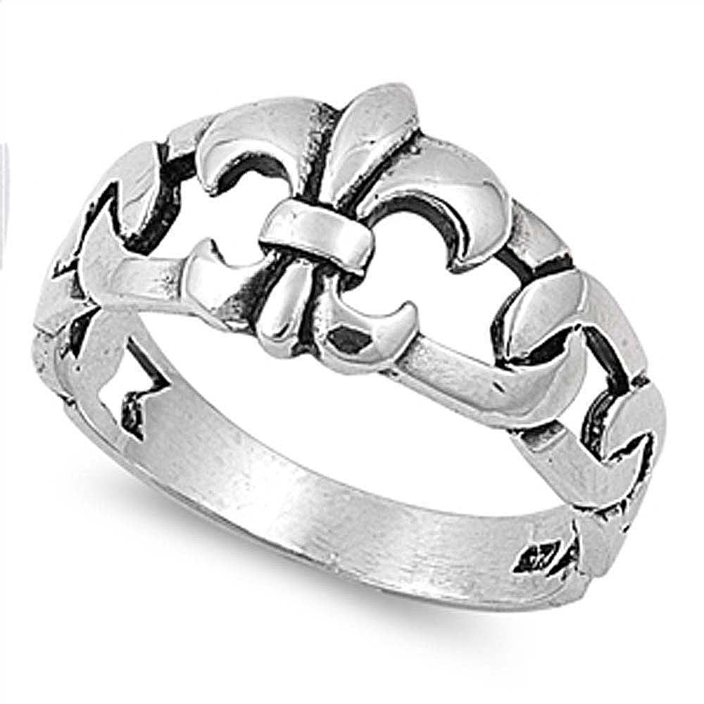 Sterling Silver Stylish Fleur De Lise Fnacy Band Ring with Face Height of 13MM