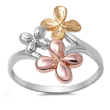 Load image into Gallery viewer, Sterling Silver Fancy Plumeria Three Tone with Gold and Rose Gold Plated RingAnd Face Height of 19MM