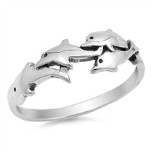 Load image into Gallery viewer, Sterling Silver Fancy Four Dolphins Ring with Face Height of 7MM
