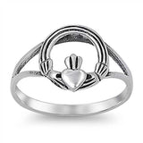 Sterling Silver Fancy Claddagh Hands Formed in Circle Ring with Face Height of 11MM