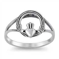 Sterling Silver Fancy Claddagh Hands Formed in Circle Ring with Face Height of 11MM