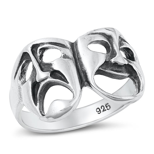 Sterling Silver Oxidized Smile Now Cry Later Men's Ring Face Height-13mm