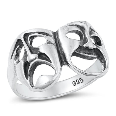 Sterling Silver Oxidized Smile Now Cry Later Men's Ring Face Height-13mm