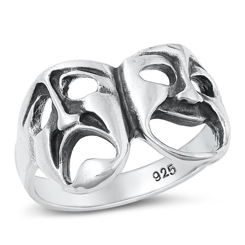 Sterling Silver Oxidized Smile Now Cry Later Men's Ring Face Height-13mm