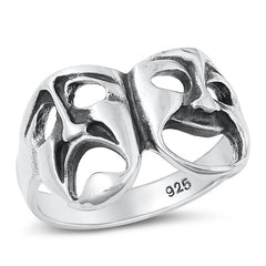 Sterling Silver Oxidized Smile Now Cry Later Men's Ring Face Height-13mm