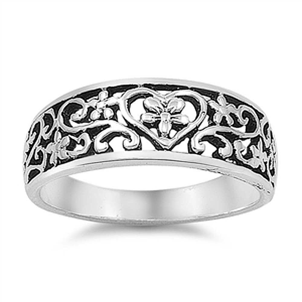 Sterling Silver Fancy Multi Flower and One Heart In Center Ring with Face Height of 7MM
