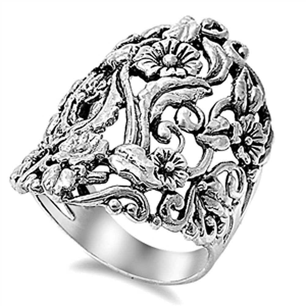 Sterling Silver Elegant Plumeria Wide Band Ring with Face Height of 31MM