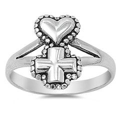 Sterling Silver Elegant Cross and Heart on Top with Face Height of 14MM