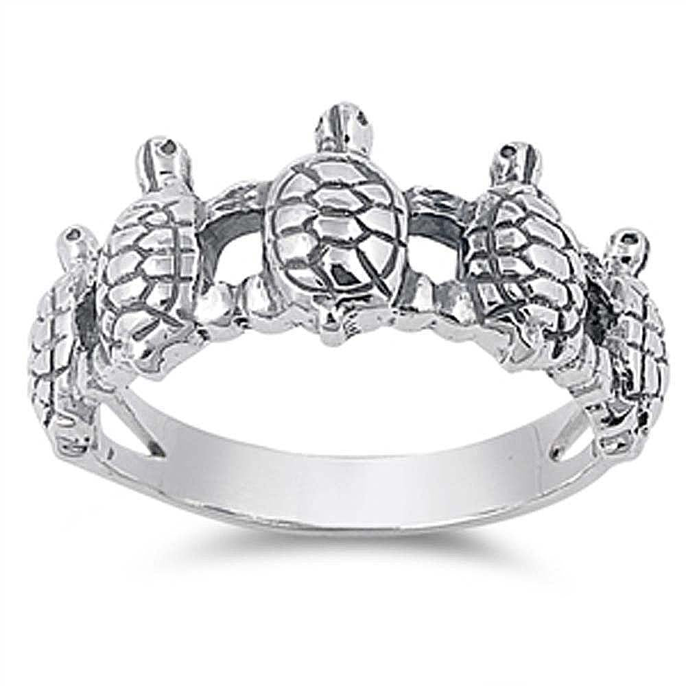 Sterling Silver Multi Turtles Band Ring with Face Height of 10MM