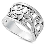 Sterling Silver Flower with Vine Design Band Ring with Face Height of 11MM