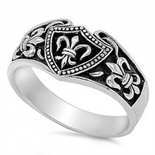 Load image into Gallery viewer, Sterling Silver Stylish Two-Tone Fleur De Lis Design Black Band Ring with Face Height of 10MM
