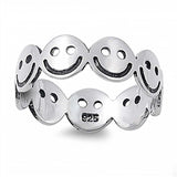 Sterling Silver Fancy Multi Smiley Face Band Ring with Face Height of 6MM