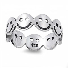 Sterling Silver Fancy Multi Smiley Face Band Ring with Face Height of 6MM
