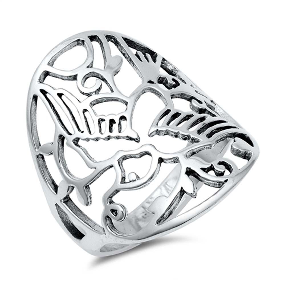 Sterling Silver Fancy Cut-Out Dove Design Wide Band Ring with Face Height of 28MM