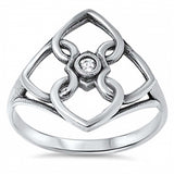 Sterling Silver Trendy Ring with Interlink Heart Diamond Shaped with Single Clear Cz on CenterAnd Face Height of 19MM