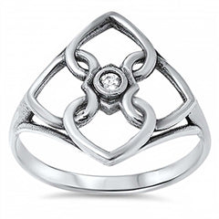 Sterling Silver Trendy Ring with Interlink Heart Diamond Shaped with Single Clear Cz on CenterAnd Face Height of 19MM