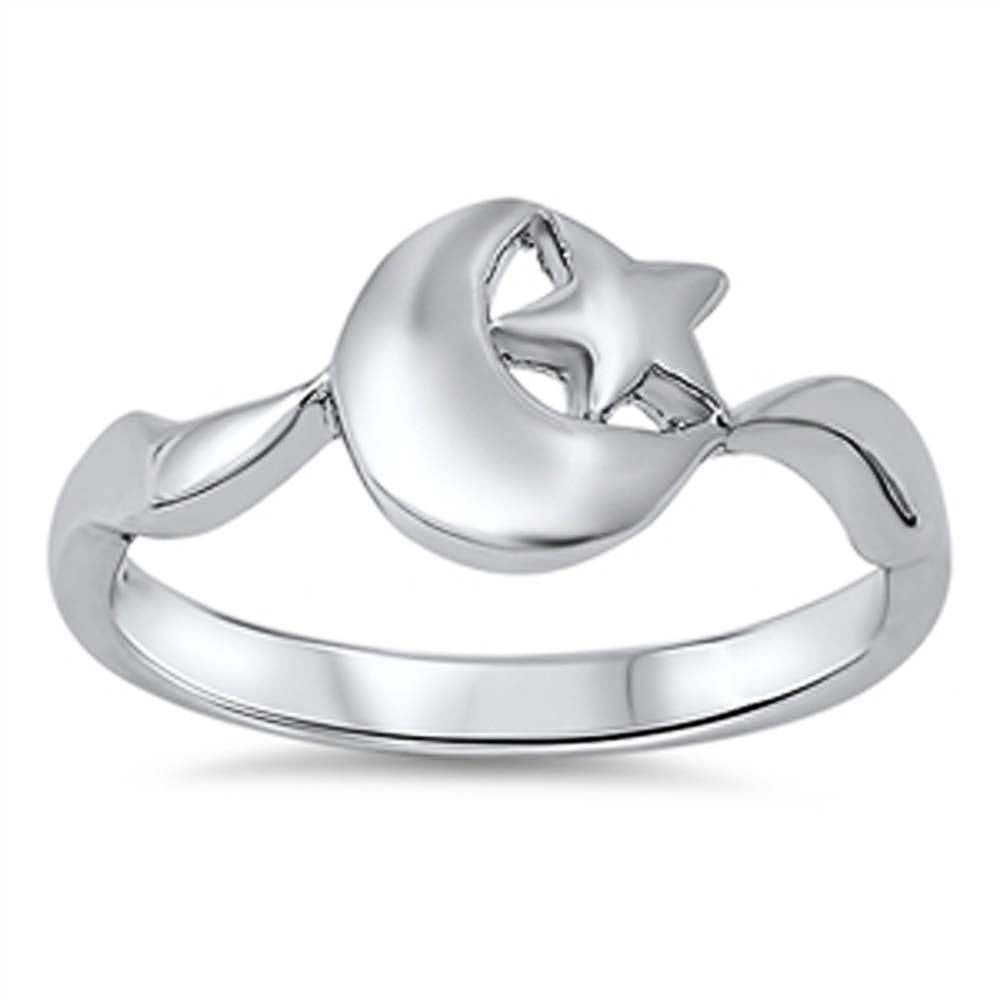 Sterling Silver Trendy Moon & Star Design Ring with Face Height of 9MM