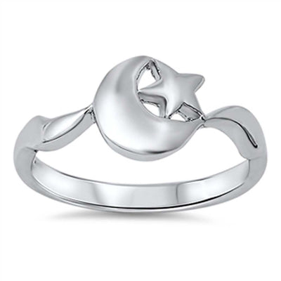 Sterling Silver Trendy Moon & Star Design Ring with Face Height of 9MM