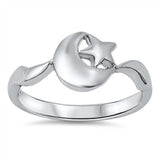 Sterling Silver Trendy Moon & Star Design Ring with Face Height of 9MM