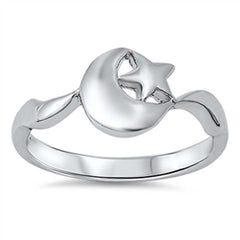 Sterling Silver Trendy Moon & Star Design Ring with Face Height of 9MM