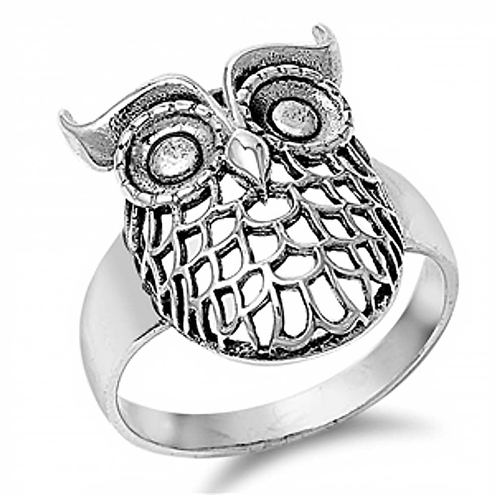 Sterling Silver Fancy Owl Design Ring with Face Height of 21MM