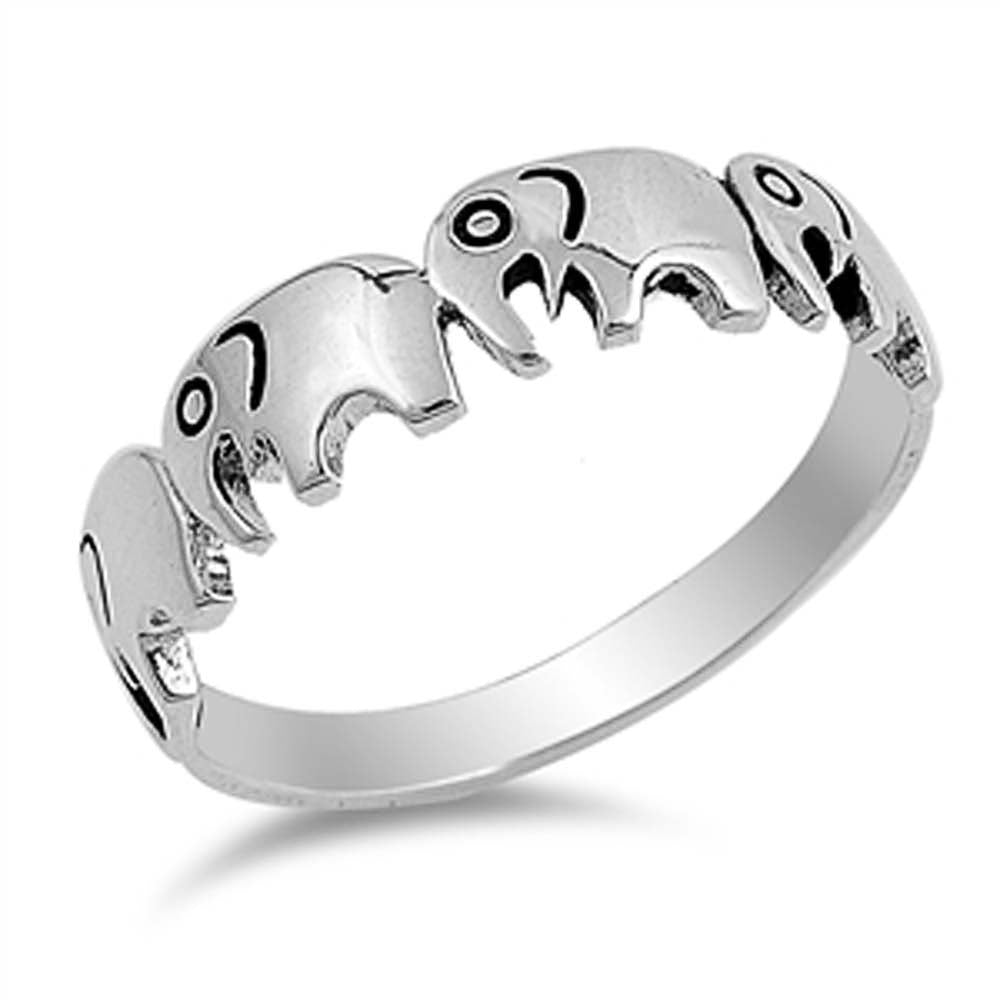 Sterling Silver Marching Elephants Ring with Face Height of 5MM