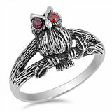 Sterling Silver Standing Owl on the Tree with Garnet Cz Eyes RingAnd Face Height of 15MM