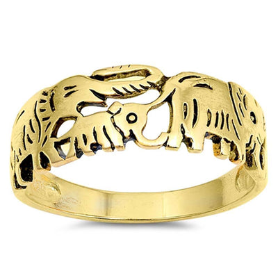 Sterling Silver Yellow Gold Fancy Marching Elephansts Band RingAnd Face Height 8 mm