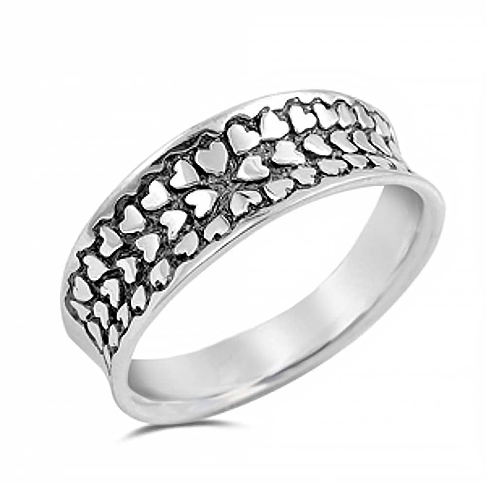 Sterling Silver Multiple Hearts Concave Band Ring with Ring Face Height of 8MM