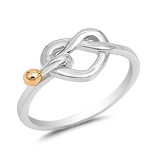 Load image into Gallery viewer, Sterling Silver Vintage Heart Knot Ring with Yellow Gold Plated Ball and Ring Face Height of 9MM