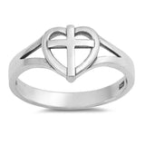 Sterling Silver Rhodium Plated Cross In Heart Shaped Plain RingsAnd Face Height 9mm