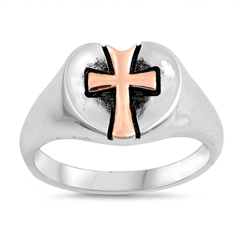 Sterling Silver Oxidized With Rose Gold Plated Cross In Heart Shaped Plain RingsAnd Face Height 11mm