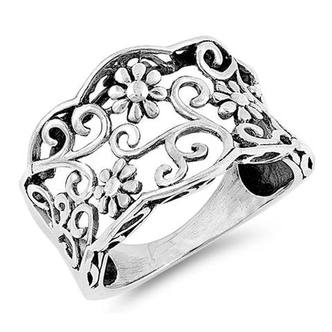 Sterling Silver Oxidized Flowers Shaped Plain RingsAnd Face Height 15mm