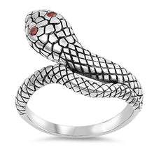 Load image into Gallery viewer, Sterling Silver Oxidized Snake Shaped Plain Rings With Ruby CZAnd Face Height 17mm