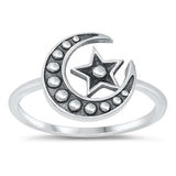 Sterling Silver Oxidize Moon And Star Ring