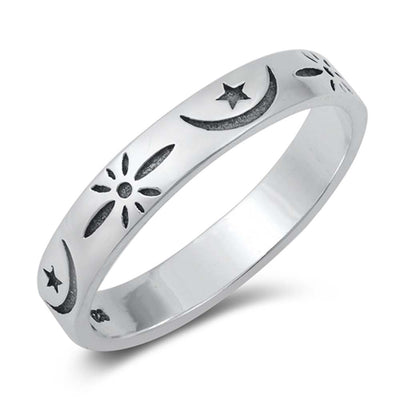Sterling Silver Oxidized Moon and Star Ring