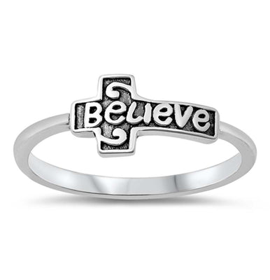 Sterling Silver Oxidized Believe Cross Ring