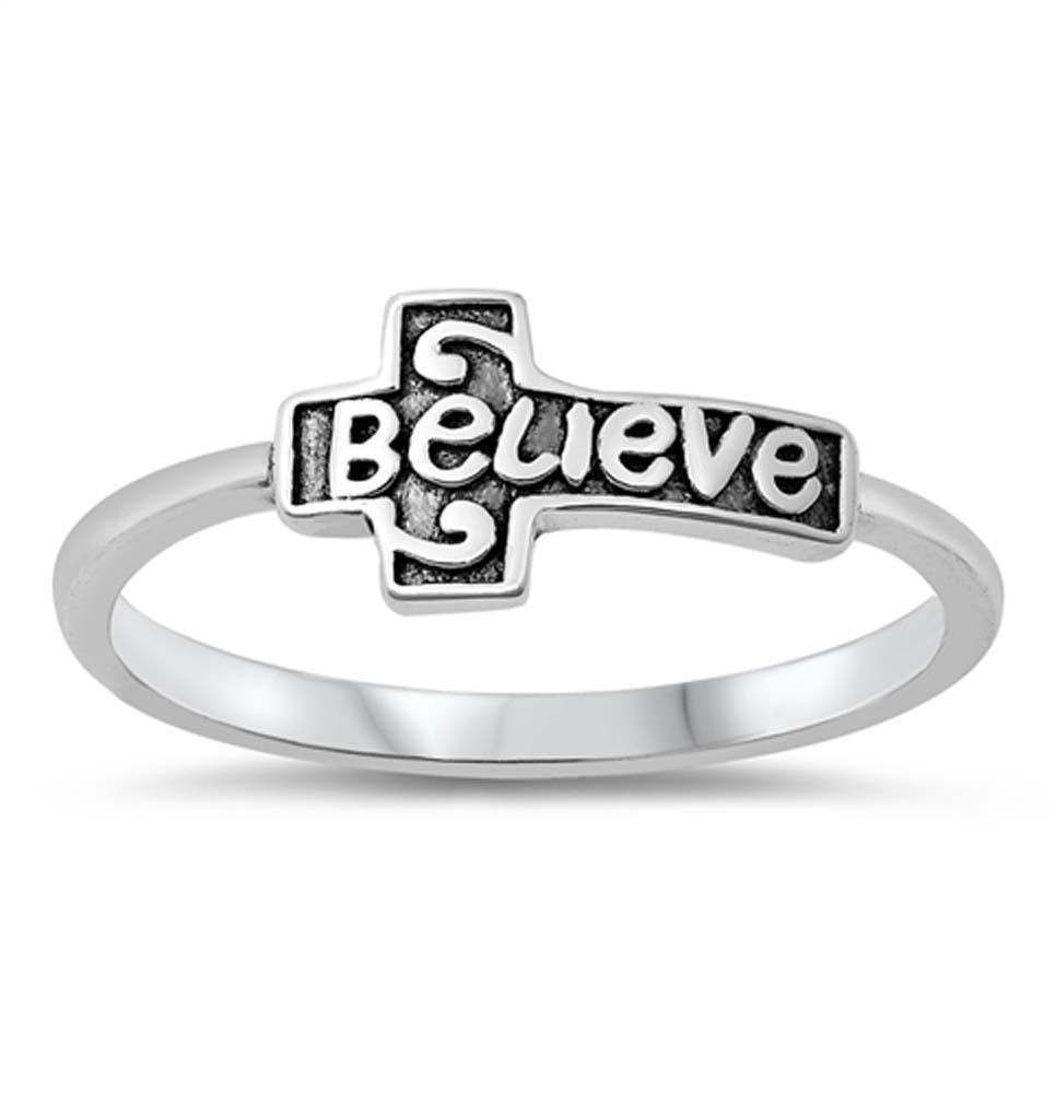 Sterling Silver Oxidized Believe Cross Ring