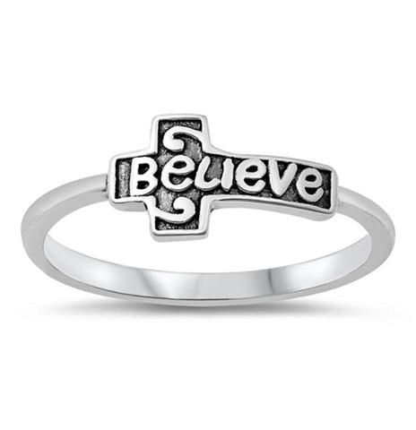 Sterling Silver Oxidized Believe Cross Ring