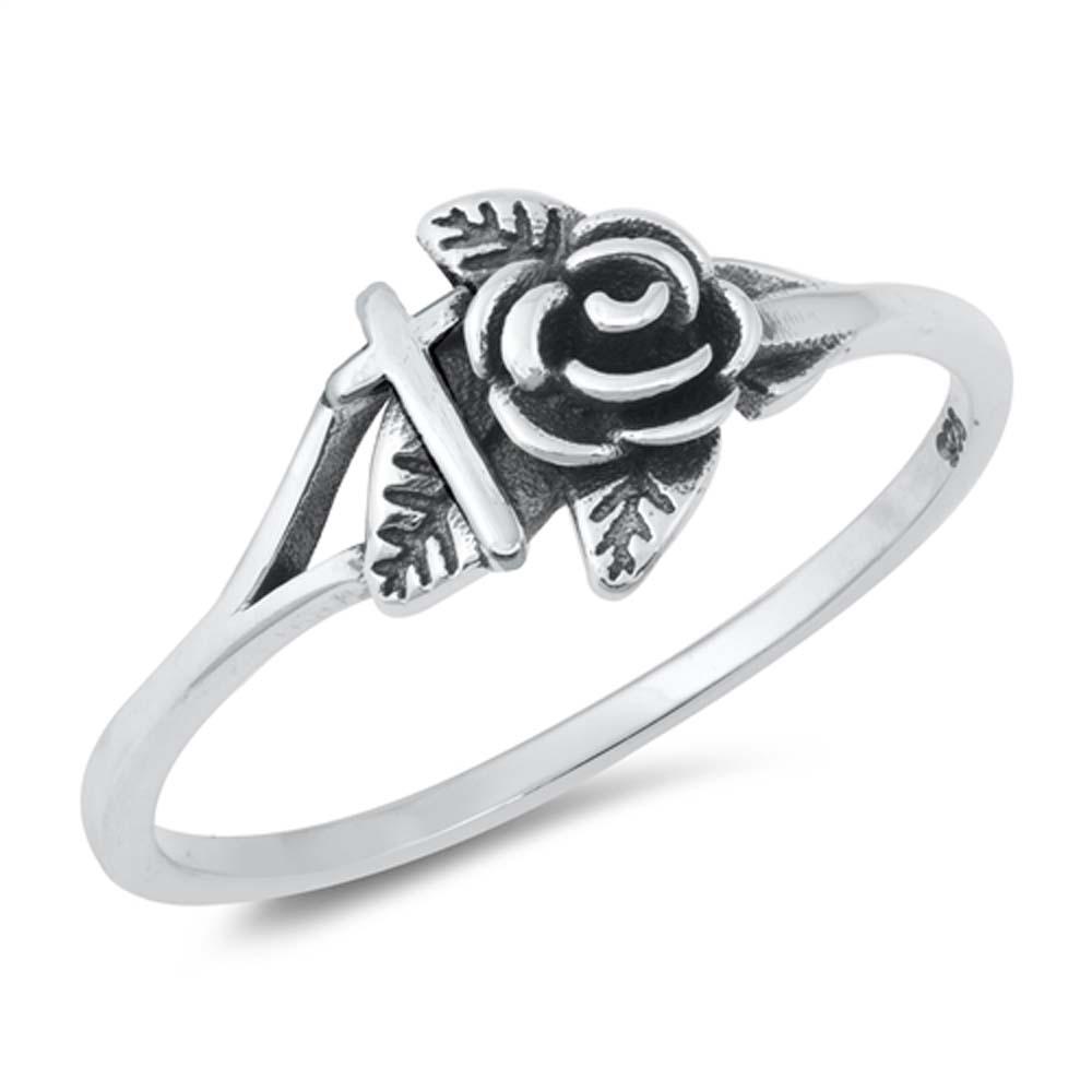 Sterling Silver Oxidized Cross And Rose Ring