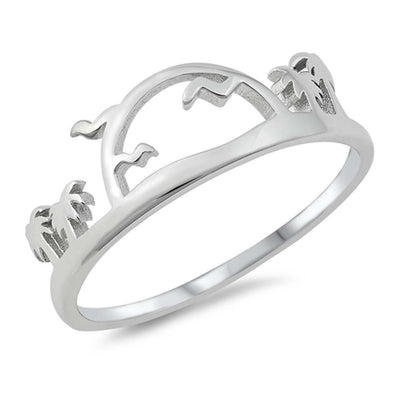 Sterling Silver Rhodium Plated Palm Trees And Sunset Ring