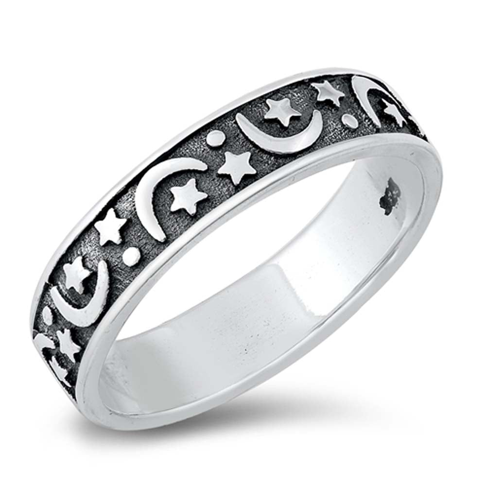 Sterling Silver Oxidized Moons And Stars Ring