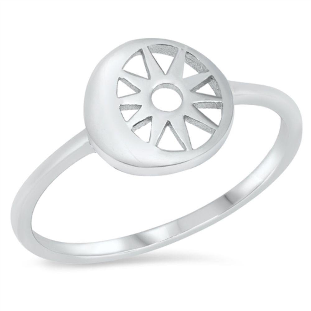 Sterling Silver Rhodium Plated Sun and Moon Ring