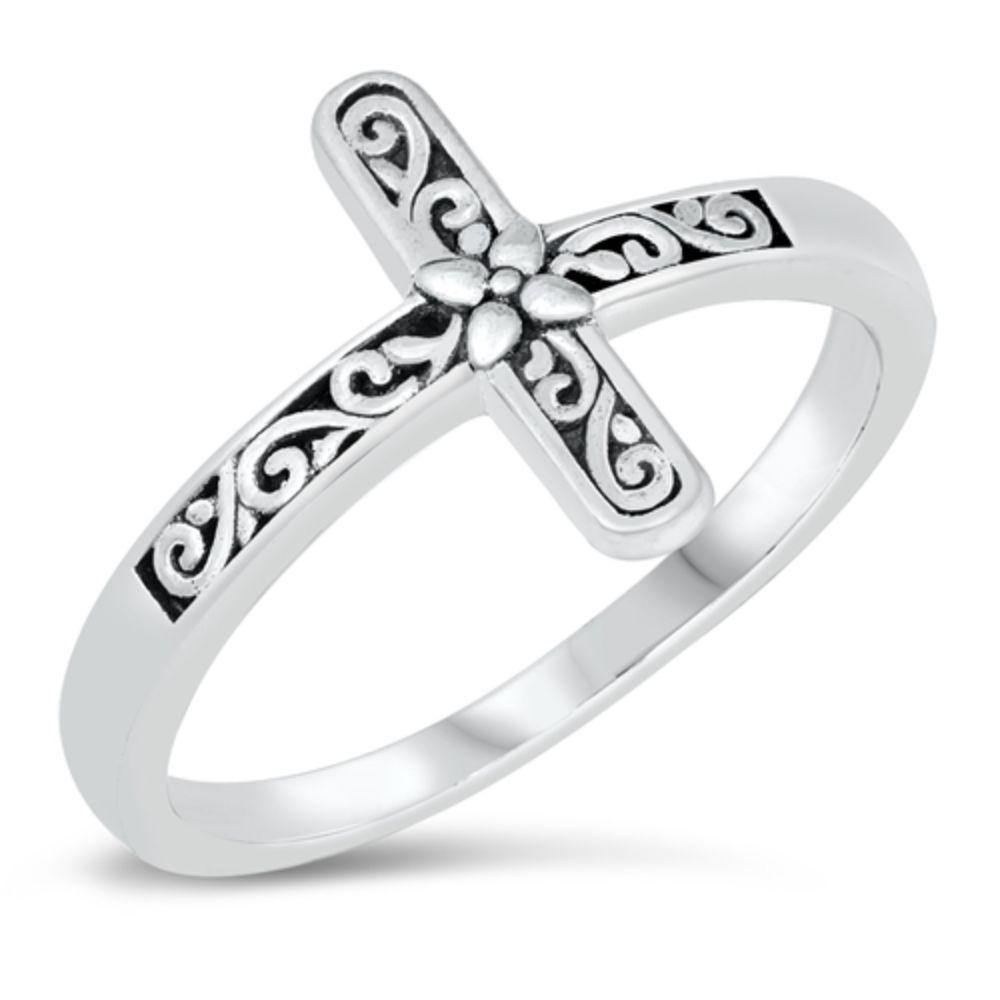 Sterling Silver Oxidized Filigree Cross Ring - silverdepot