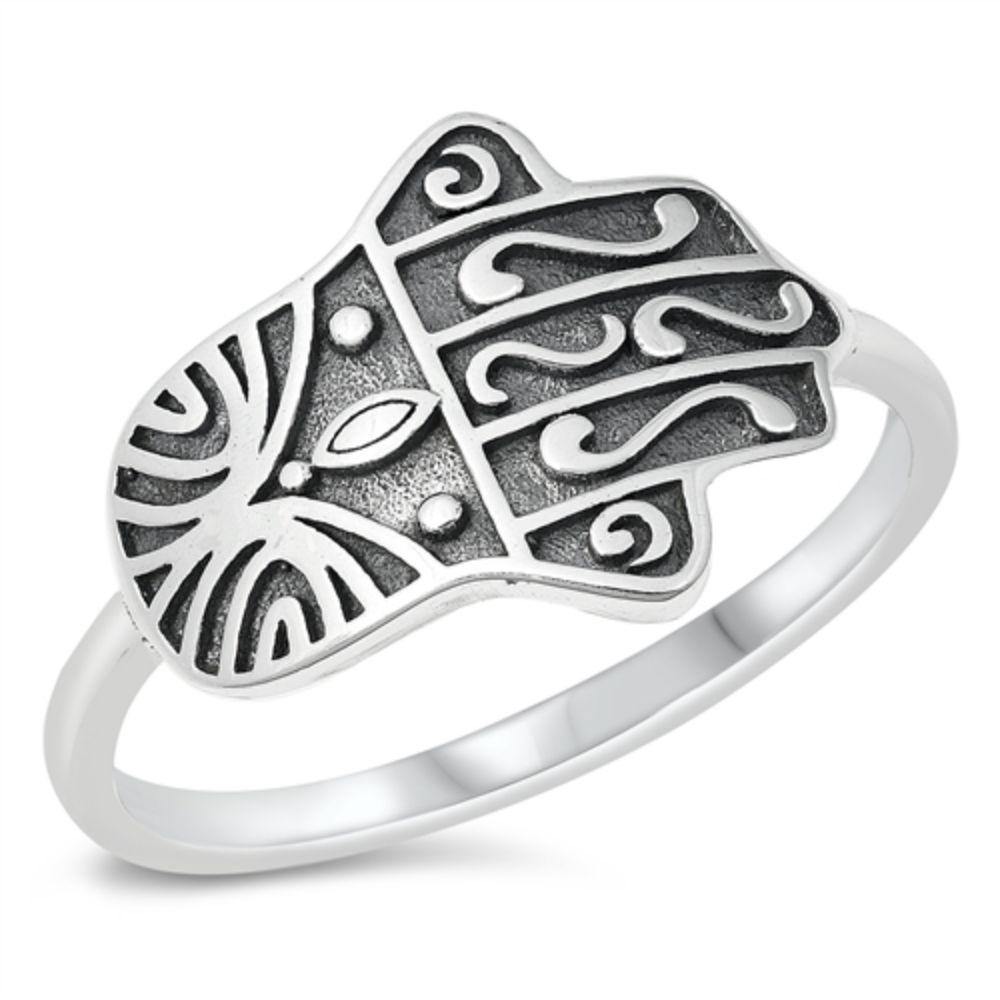 Sterling Silver Oxidized Sideways Hamsa Ring