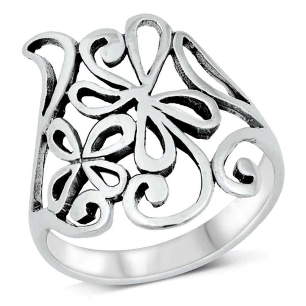 Sterling Silver Oxidized Abstract Flowers Ring
